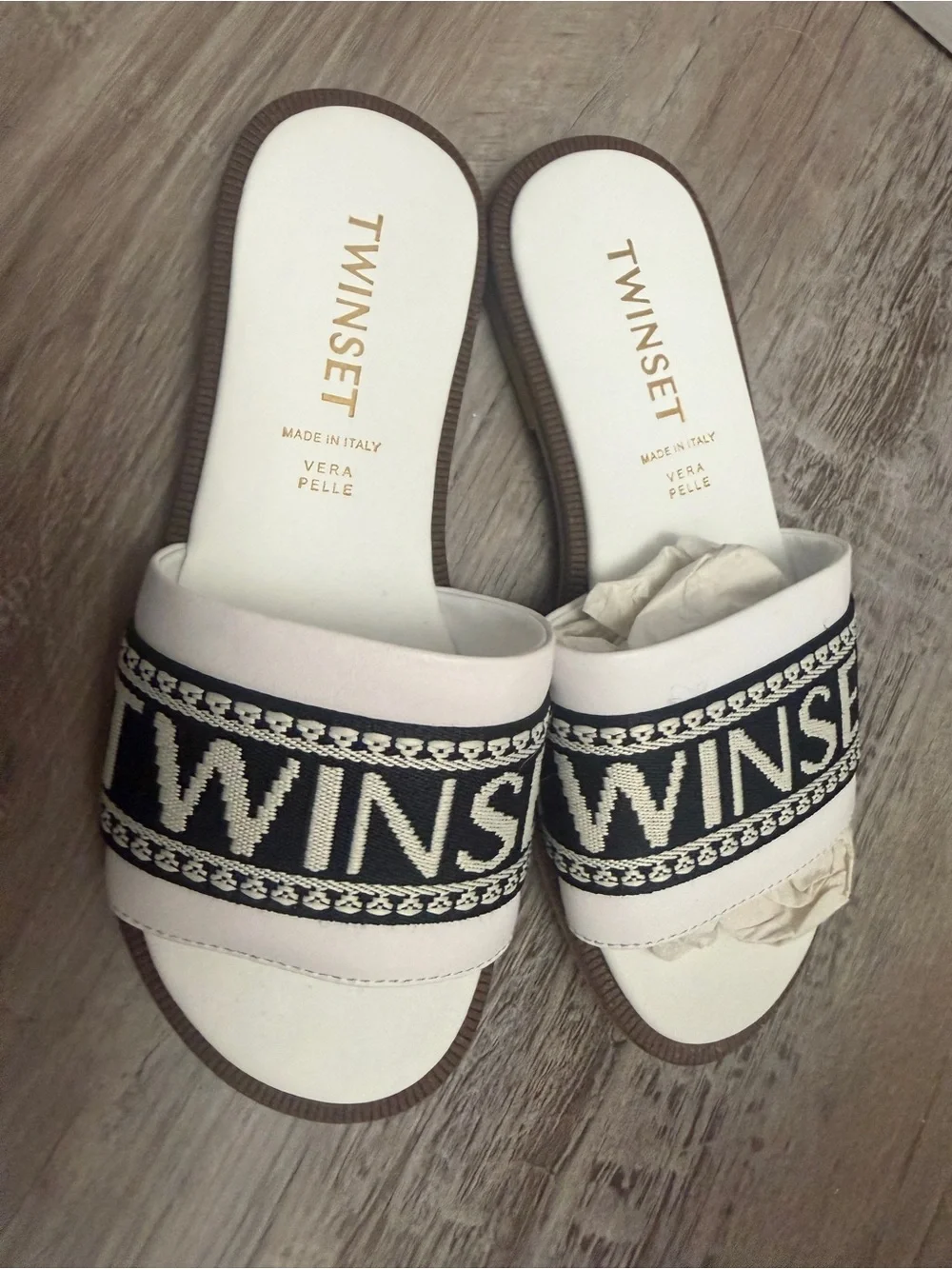Twin-Set White Slides with Navy Logo Band